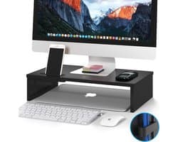 Houten Monitorstandaard Verhoger, Bureau Monitorstandaard met Smartphonehouder, Ergonomische Laptop Printerstandaard met Kabelbeheer voor Computer, Notebook, iMac, PC(Zwart)