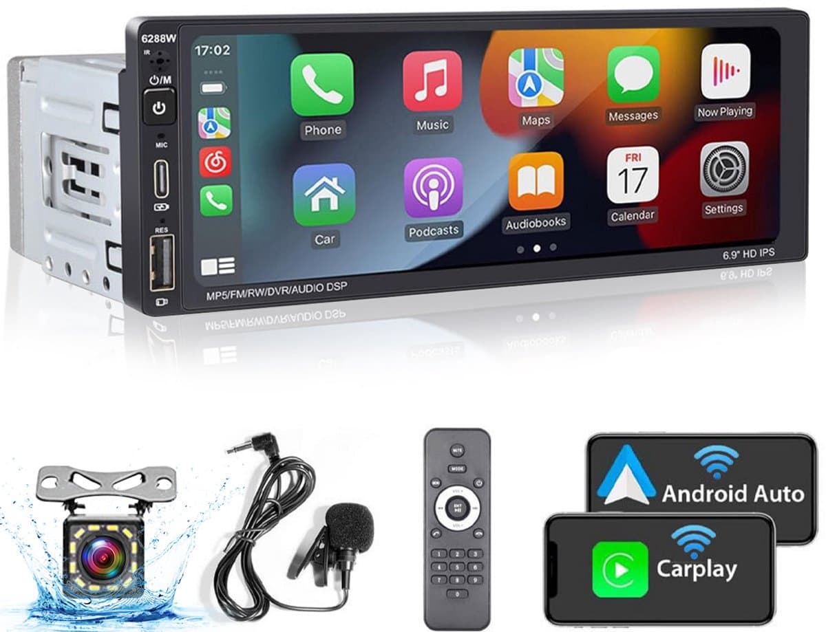 Autoradio Universeel - 9 Inch HD Touchscreen - Apple Carplay & Android Auto (Draadloos) - Bluetooth, USB, USB-C & MP5 - AHD Achteruitrijcamera, Stuurwieladapter & Externe Microfoon — afbeelding 1