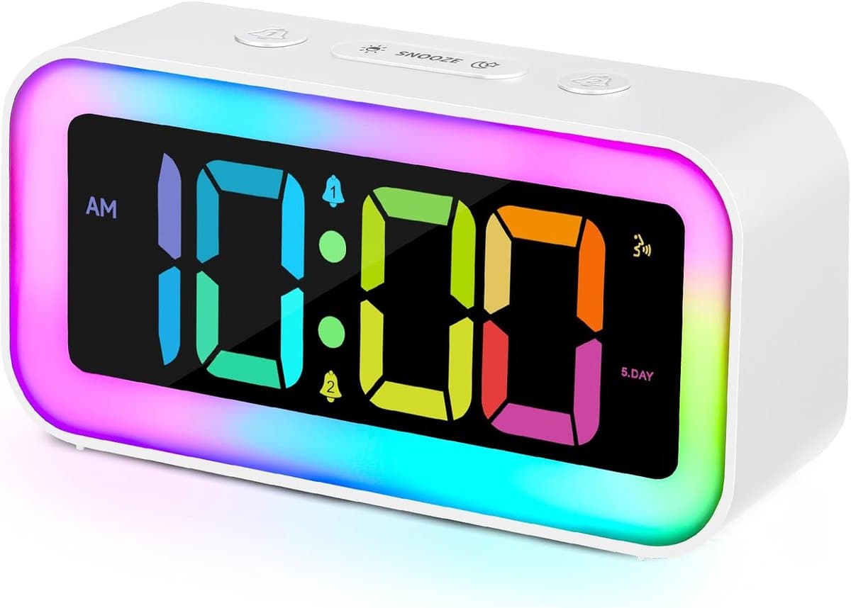 RGB-nachtlampje geschikt voor wekker - Dynamische kleureffecten en dubbele alarmfunctie - Dimbaar LED-slaapkamerwekker geschikt voor USB-oplader - geschikt voor studenten, volwassenen en senioren - Wit — afbeelding 1