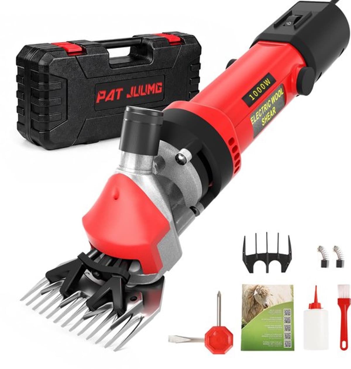 Elektrische grasmaaier, 1000 W, schaapgrasmaaier, machine met 6 instelbare snelheden, professionele scheermachine voor grasmaaiers, wol, geitenwol, met draagtas (rood) — afbeelding 1