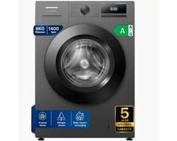 Heinner HWM-HME814IVTGA20+++ Wasmachine – 8 kg – 1400 rpm – Energieklasse A-20% – Inverter Motor – 15 Programma’s – Stoomfunctie – Digitaal Display – Titaniumgrijs – 5 Jaar Garantie