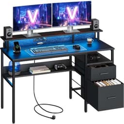 Bureau Computerbureau Zwart 55 x 135 x 90 cm, Bureau met Stopcontacten en USB, Monitorstandaard, LED Verlichting, Opbergruimte, Lades, Gaming Bureau, Thuiswerkplek, Schrijftafel, Metalen Frame, Multifunctioneel, Kantoor, Slaapkamer — thumbnail 5