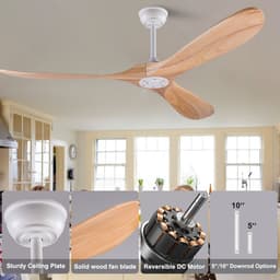 DESMIU Plafondventilator – 132 Cm Met Afstandsbediening – Hout en Metaal – Wit en Naturel – Zonder Verlichting Met Geheugenfunctie — thumbnail 2