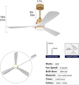 DESMIU Plafondventilator Met Verlichting - Dimbaar - 132 cm - Metaal En Hout - Goud Wit - 6 Snelheden Met Afstandsbediening — thumbnail 4