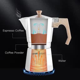 Wedrink Moka Stove Espressomachine, 9 kopjes, 6 kopjes, Italiaanse espressomachine, mokka-pot 300 ml - 450 ml, verbrandingsbestendig houten handvat (6 kopjes, zilver) — thumbnail 2