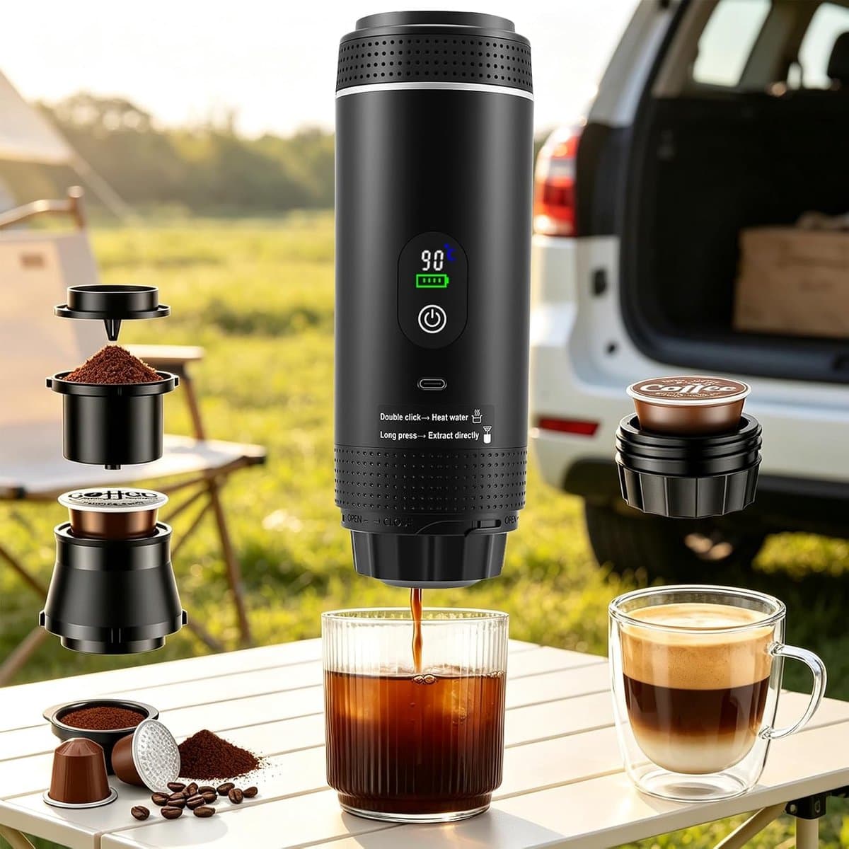 Mini-koffiezetapparaat 3 in 1 met batterij - Auto-espressomachine USB-C - Compatibel met capsules en gemalen koffie - Ideaal voor campercamping en reiscadeaus, zwart — afbeelding 1