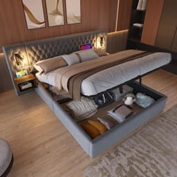 Bedframe 180 x 200 cm, slaapkamer, complete set, hydraulisch gestoffeerd bed met opbergruimte en 2 nachtkastjes, hoofdeinde met led-leeslamp en USB-oplaadfunctie, fluweel, grijs, zonder matras — thumbnail 1