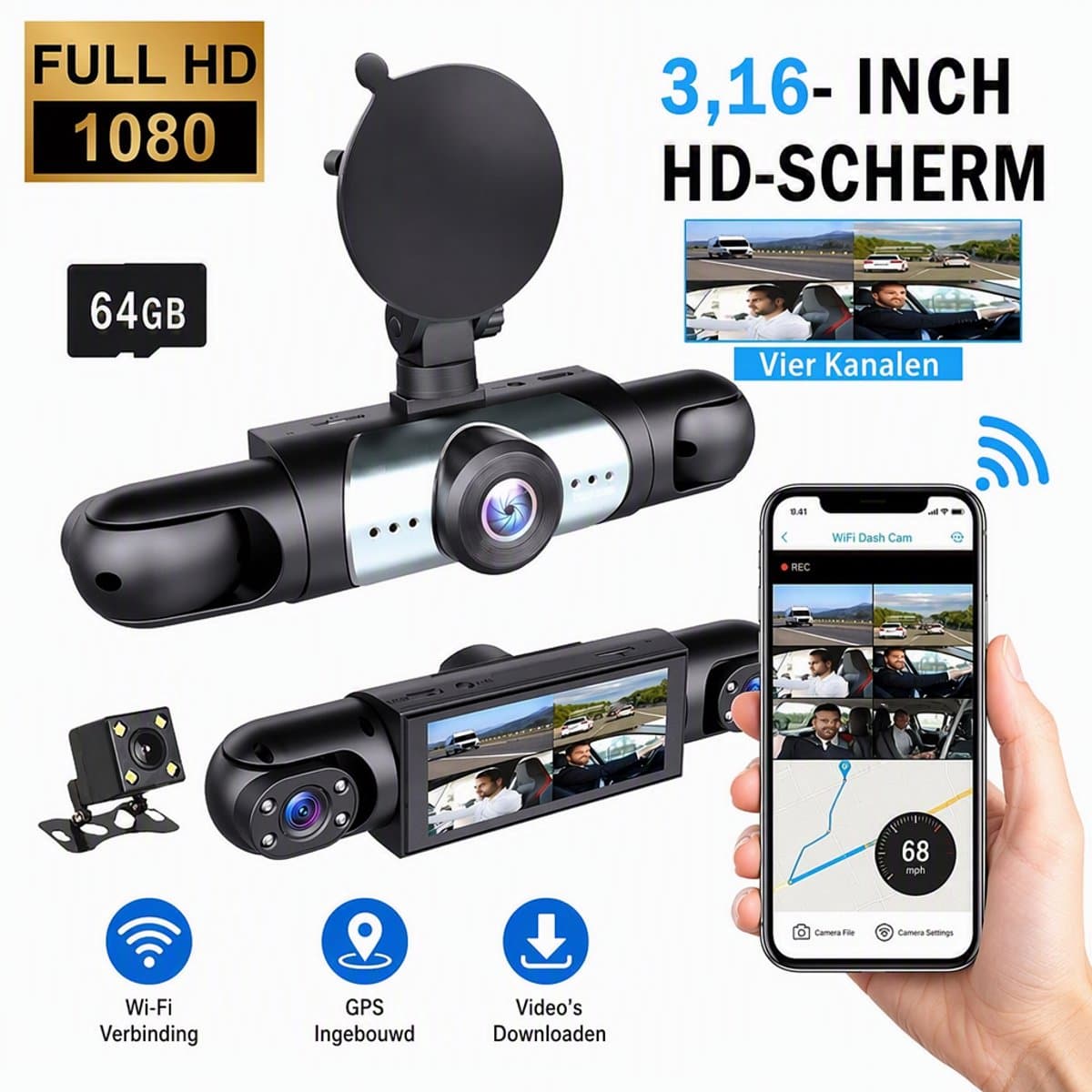 TEKROA® Dashcam Auto - Dashcams - 4 Lenzen (Voor, Achter, Links, Rechts) - 1080P Full HD - WiFi & GPS - Nachtzicht - G-Sensor - Parkeerbewaking - 3,16 Inch met App - Incl. 64GB SD-Kaart - zwart — afbeelding 1