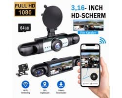 TEKROA® Dashcam Auto - Dashcams - 4 Lenzen (Voor, Achter, Links, Rechts) - 1080P Full HD - WiFi & GPS - Nachtzicht - G-Sensor - Parkeerbewaking - 3,16 Inch met App - Incl. 64GB SD-Kaart - zwart