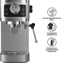 20 Bar Espressomachine met Ingebouwde Drukmeter - Compacte Professionele Koffiemachine (20 cm Breed) met Afneembaar Waterreservoir van 1.3L en Instelbaar Volume voor 1-2 Kopjes - Zilver — thumbnail 4