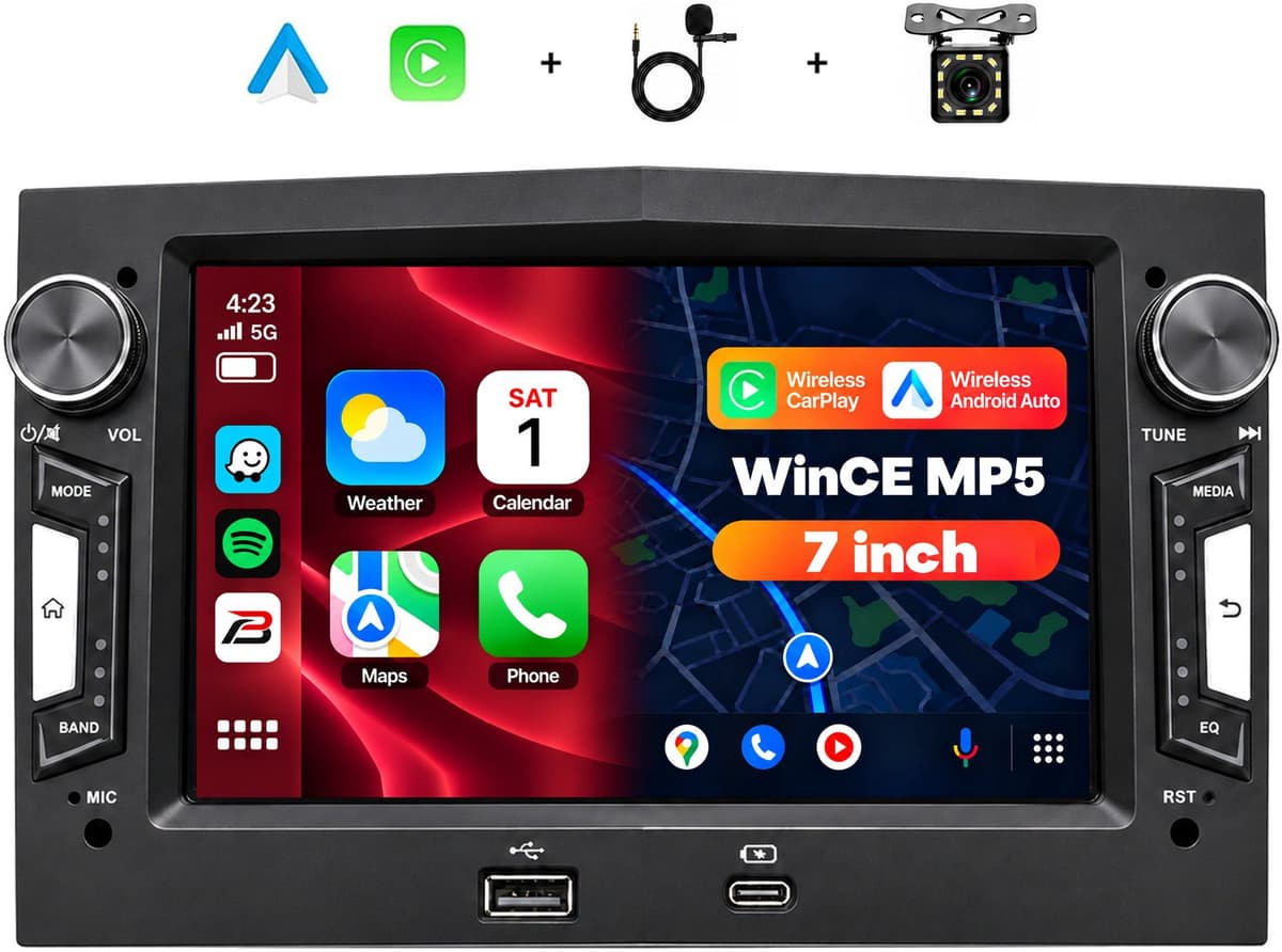 Boscer 2 Din Autoradio met Draadloos Apple CarPlay & Android Auto - Geschikt voor Opel Corsa D, Astra H, Zafira B & Meriva A - 7 inch IPS Touchscreen - USB-A & USB-C - Bluetooth Handsfree - FM-radio met RDS - 12 LED-achteruitrijcamera & Microfoon — afbeelding 1