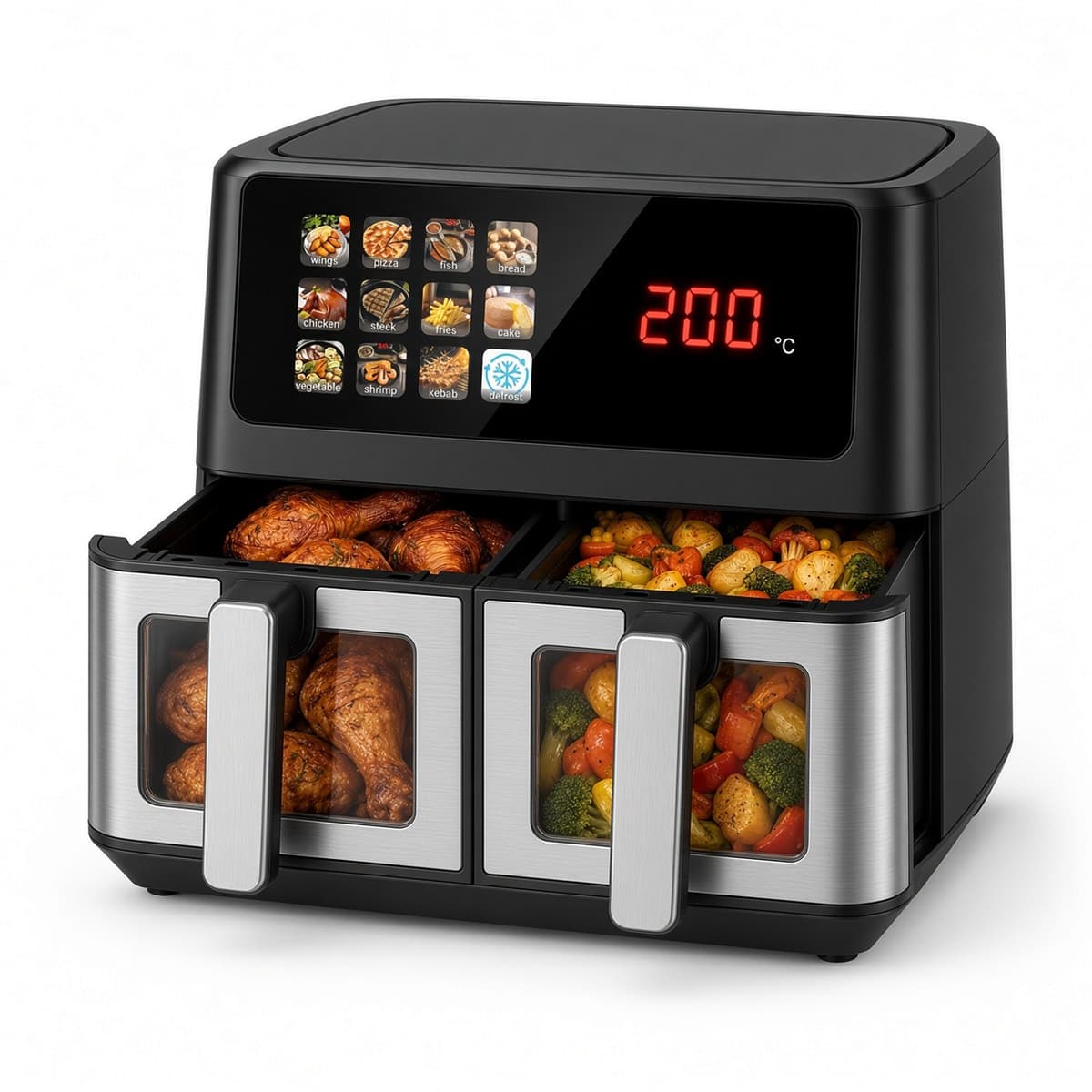 VHV-Dubbele airfryer met 2 manden en kijkvenster - 10L hetelucht friteuse - 38 x 24 x 30 cm - 2000W met zwevend touchscreen en 12 programma's - RVS en kunststof - Zwart — afbeelding 1