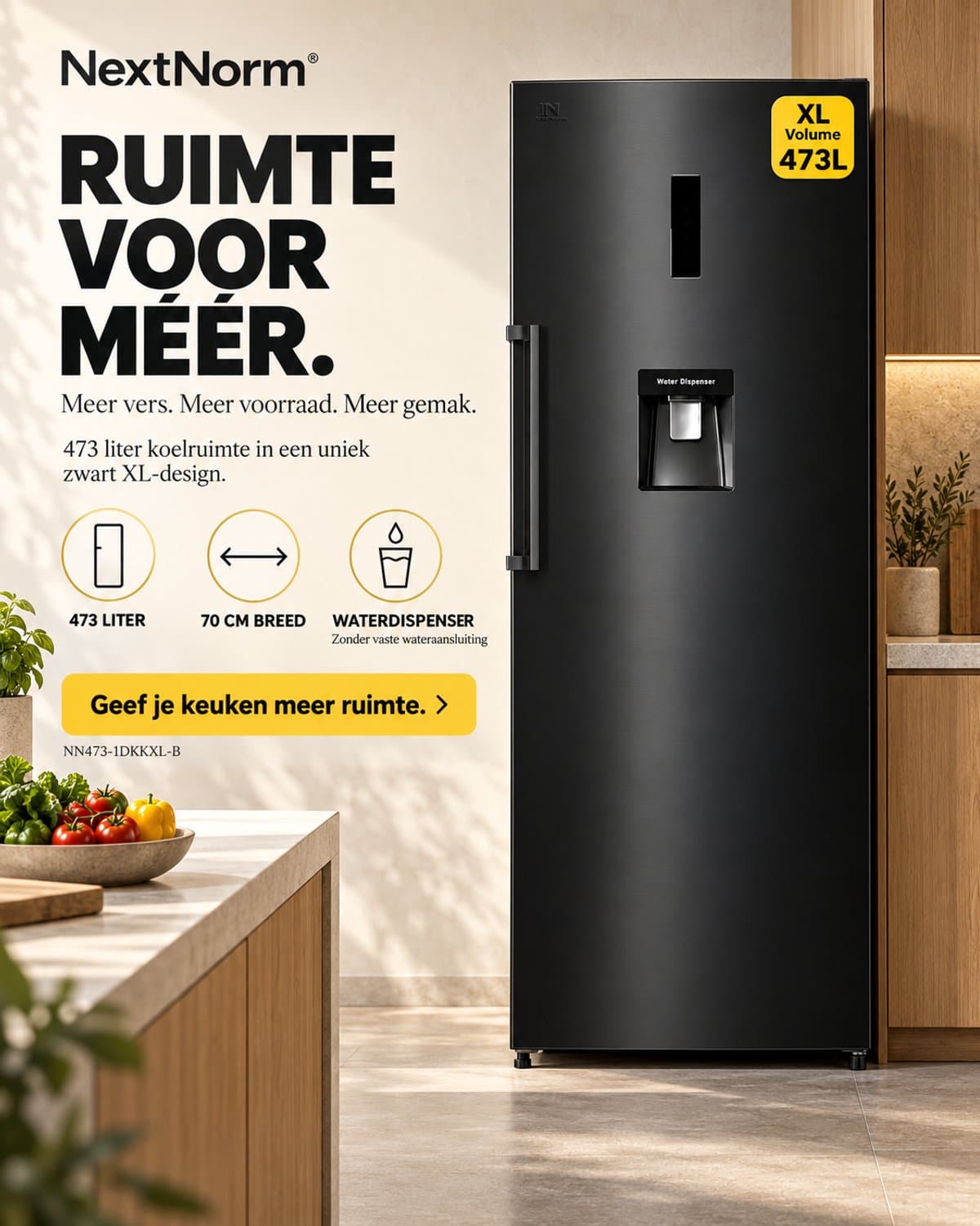NextNorm NN473-1DVK-B – Luxe XL Enkeldeur Koelkast | Modern | 473L | Black Design | MetalShield | EasyHandle | Display | LedLight — afbeelding 1