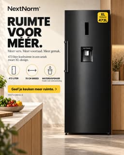 NextNorm NN473-1DVK-B – Luxe XL Enkeldeur Koelkast | Modern | 473L | Black Design | MetalShield | EasyHandle | Display | LedLight — thumbnail 1