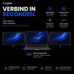 TYVON Triple Portable Monitor 14 inch - Flip - Tri screen - Full HD Draagbare monitor met USB-C & HDMI - Voor Apple en Windows - Plug & Play - Dubbel Scherm - Opvouwbaar - Laptop Scherm Uitbreider - Externe Monitor incl. Draagtas - Beeldscherm — thumbnail 2