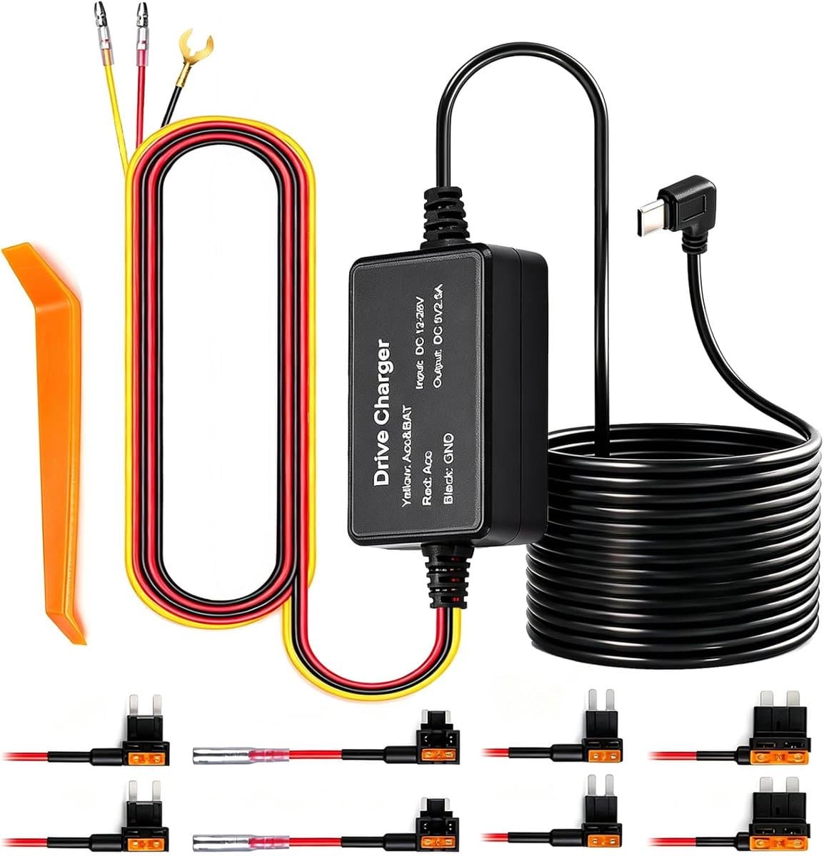SnelShoppen - Dashcam Hardwire Kit 12V-24V naar 5V USB-C met Laagspanningsbeveiliging - 3,2 m Dashcam Kabel voor 24 Uur Parkeerbewaking - Acc-zekering — afbeelding 1
