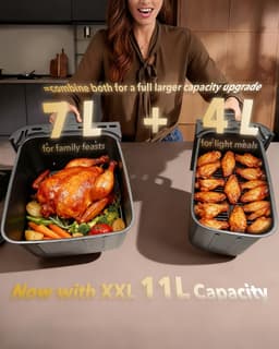 SnelShoppen - Airfryer XXL 11 liter, 2 kamers (4 + 7 l), 2600 W, 10-in-1 heteluchtfriteuse met touchscreen, dubbele kamer, schudherinnering, ideaal vo — thumbnail 2