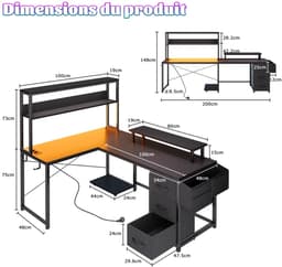 NordHaus L-vormig bureau - Gamingbureau - Computerbureau - LED-verlichting en opbergruimte - 100 x 48 x 148 cm — thumbnail 2