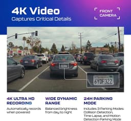 Dashcam voor auto - Zwart - 4K Voor- en Achtercamera - Met GPS, WiFi 6 en Nachtzicht - Met Parkeerbewaking — thumbnail 4