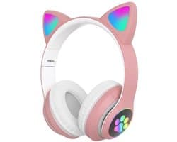 Kinder Hoofdtelefoon-Draadloze Koptelefoon-Kinder Headset-Over Ear-Bluetooth-Microfoon-Katten Oorjtes-Led Verlichting-Opbergzak-Licht Roze