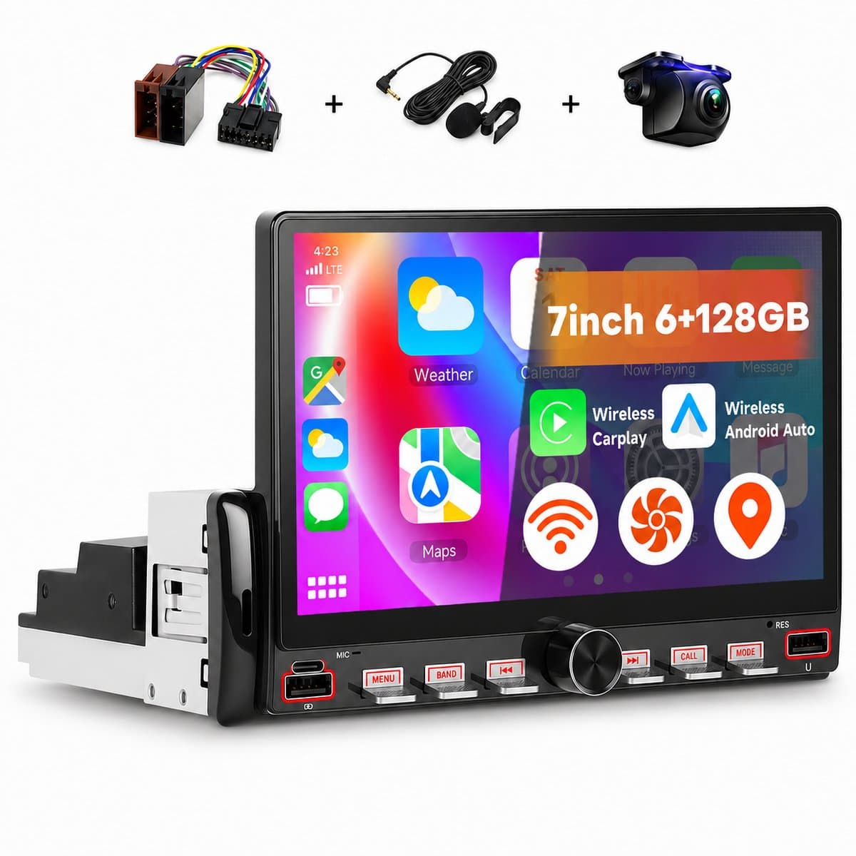 Boscer 1 Din Autoradio met Scherm - Draadloos Apple CarPlay & Android Auto - 7 Inch HD Touchscreen - Android 15 - 6+128GB - GPS Navigatie, WiFi & Bluetooth - Achteruitrijcamera & Microfoon — afbeelding 1