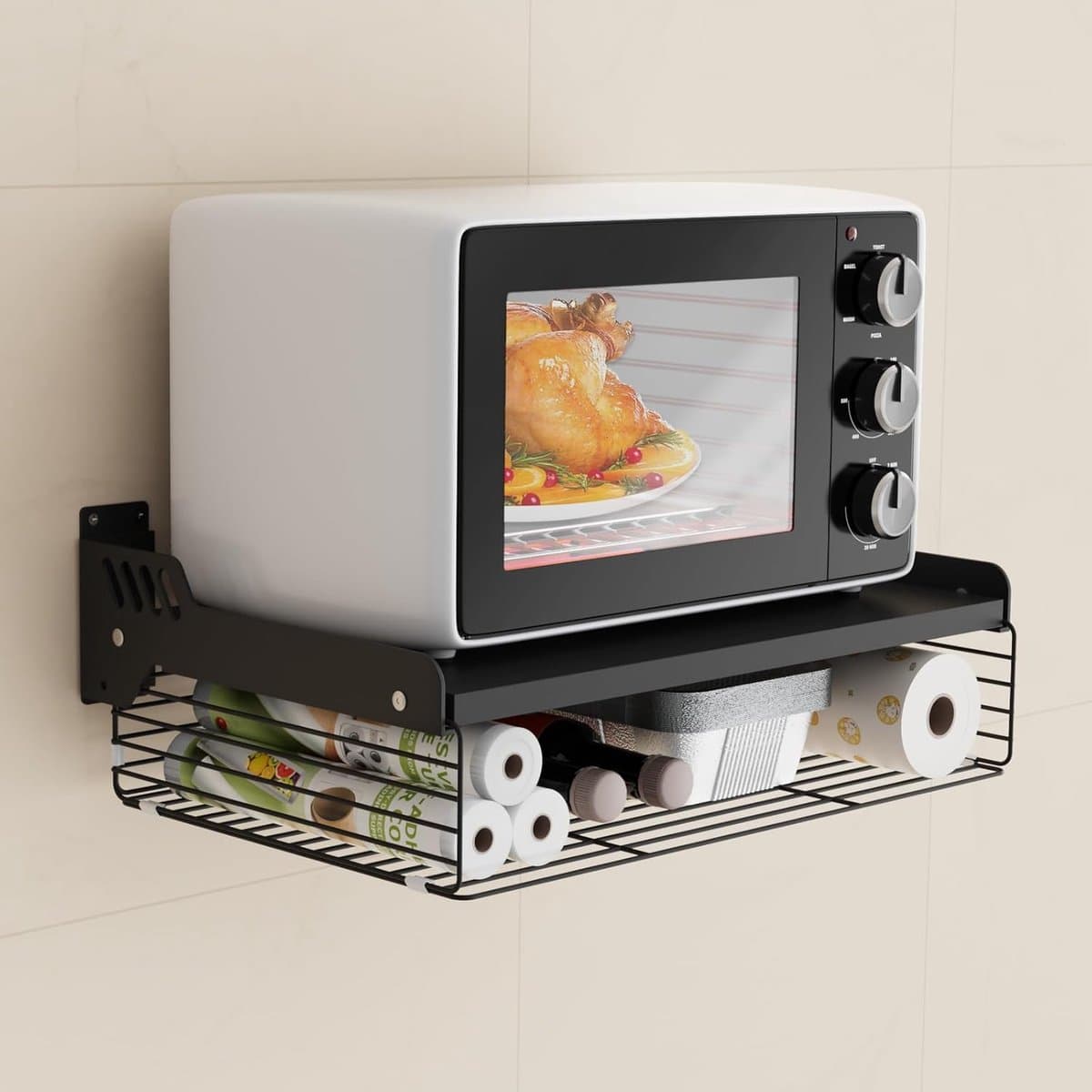 SnelShoppen - Magnetron Rek Hangend Magnetron Houder Wandmontage 2 Laags Opbergmand Zwart 55 x 35 x 11 cm Sterk en Duurzaam — afbeelding 1