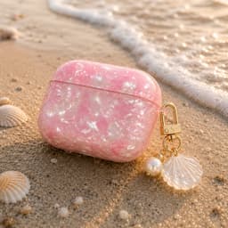 Enluxe Case geschikt voor Airpods 4 - Roze Parelmoer Shell - Glanzend Hoesje met Parelhanger, Schokbestendig Hoesje — thumbnail 4