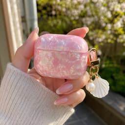 Enluxe Case geschikt voor Airpods 4 - Roze Parelmoer Shell - Glanzend Hoesje met Parelhanger, Schokbestendig Hoesje — thumbnail 5