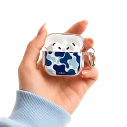 Enluxe Case geschikt voor Airpods 4 - Blue Wave Pattern Design Blauw Wit met karabijn haak — thumbnail 4