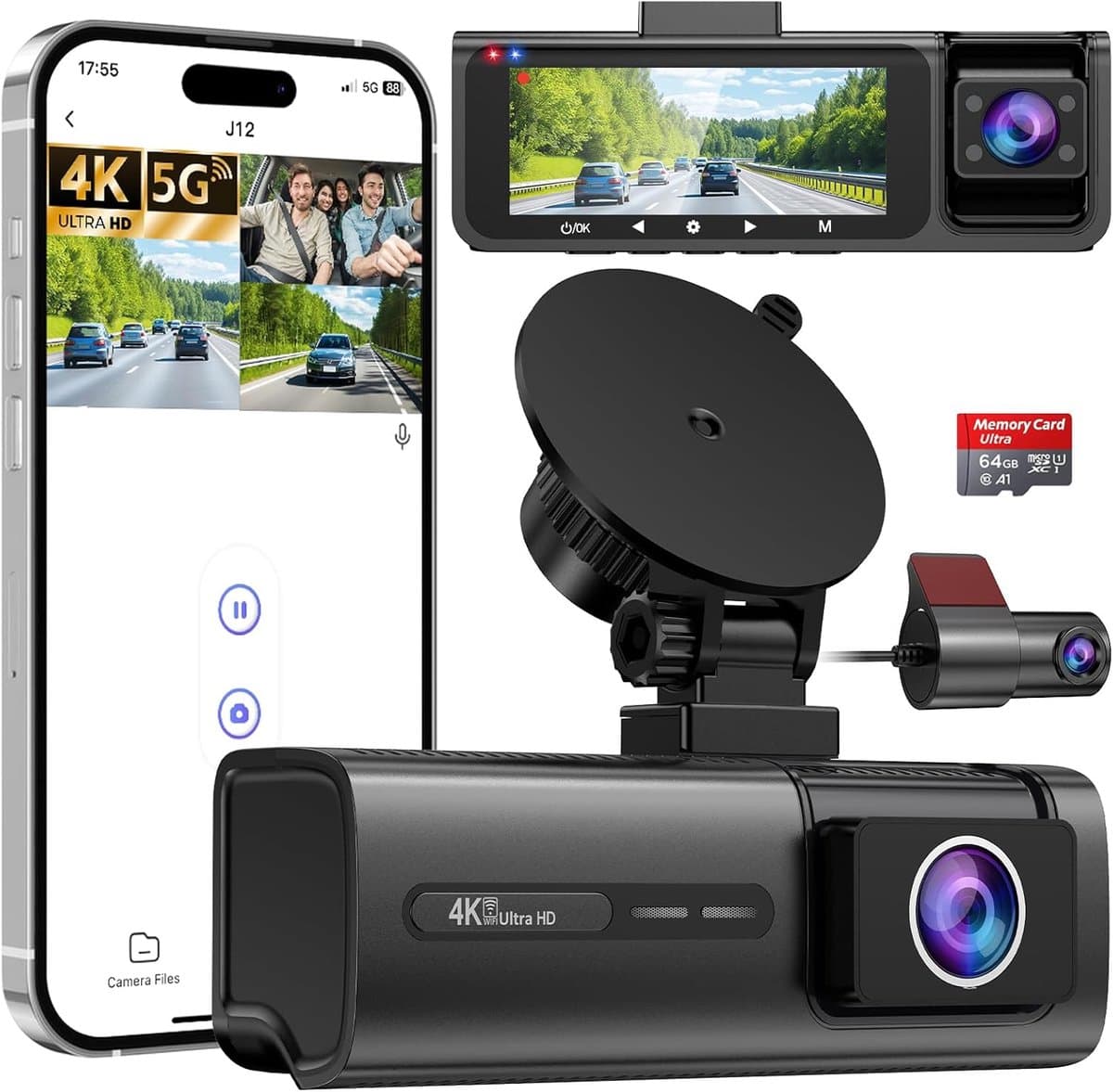 3-kanaals Dashcam - Auto camera - Veilig rijden - 4K front en achter - 3.1 inch scherm - Zwart — afbeelding 1