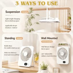 Handventilator - Tafelventilator - Draagbaar - Met LED-display - USB-oplaadbaar - Met inklapbare standaard - Geschikt voor thuis, kantoor, slaapkamer en op reis - Zwart — thumbnail 5