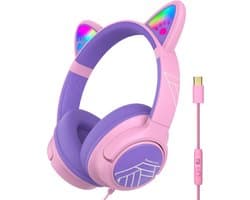 PowerLocus Bobo – USB-C Kinder Koptelefoon met Draad - Koptelefoon voor kinderen - Veilig volume van 85dB en 94dB - Katten Oortjes - Led Verlichting - Met microfoon – Stickers – Paars/Roze