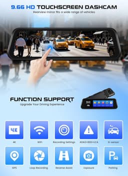Thijox - CAMECHO Spiegel-dashcam met Achteruitrijcamera, 9,66 Inch Full HD 4K, Dubbele Dashcamspiegel voor en Achter, Super Nachtzicht, G-sensor, GPS, — thumbnail 5