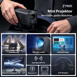 SnelShoppen - ZYNIX NIX500 Smart Mini-beamer 4K WiFi-projector met Android 14, Bluetooth 5.4, auto keystone, 270° rotatie voor thuisbioscoop, gaming & — thumbnail 5