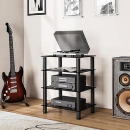 FITUEYES - 4-laags HiFi-meubel - Gehard Zwart Glas met Aluminium Frame - In Hoogte Verstelbare Planken - Geschikt voor platenspeler en versterker — thumbnail 4