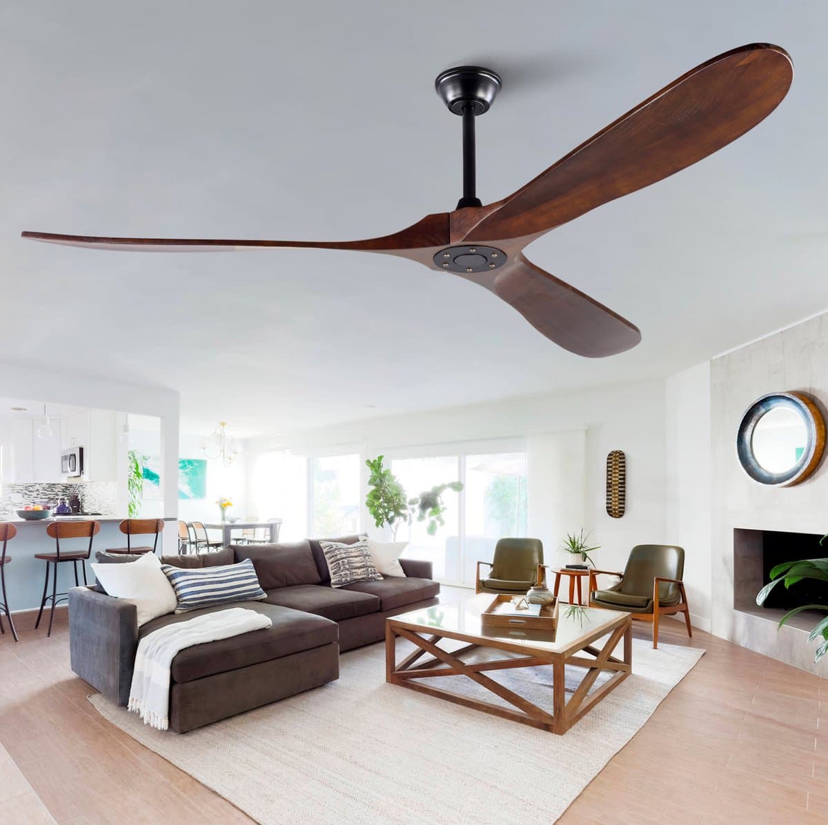 MIVRAY Plafondventilator Zonder Licht 70 Inch Walnootkleur Hout Metaal Zwart Met Afstandsbediening 6 Snelheden Voor Grote Ruimtes — afbeelding 1