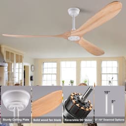 MIVRAY Plafondventilator – 176 cm – Stil Met Afstandsbediening En 6 Snelheden – Metaal En Hout – Wit Natuurlijk – Zonder Verlichting Voor Grote Ruimtes — thumbnail 5