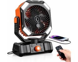 Draagbare campingventilator met een waterreservoir van 300 ml, oplaadbare batterij, ledverlichting, haak, timer en afstandsbediening. Geschikt voor gebruik binnen, op de camping, buitenshuis en op kantoor.