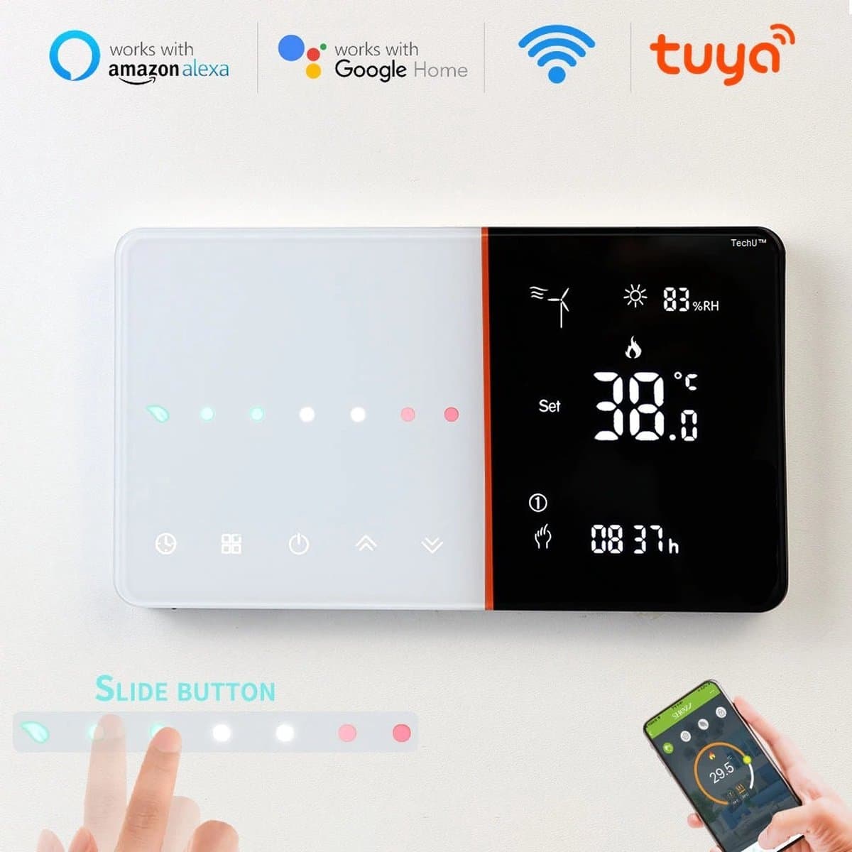 TechU™ Slimme Thermostaat Ease – Wit – Alleen voor Elektrische Vloerverwarming – App & Wifi – Google Home & Alexa – Persoonlijk programma instelbaar — afbeelding 1