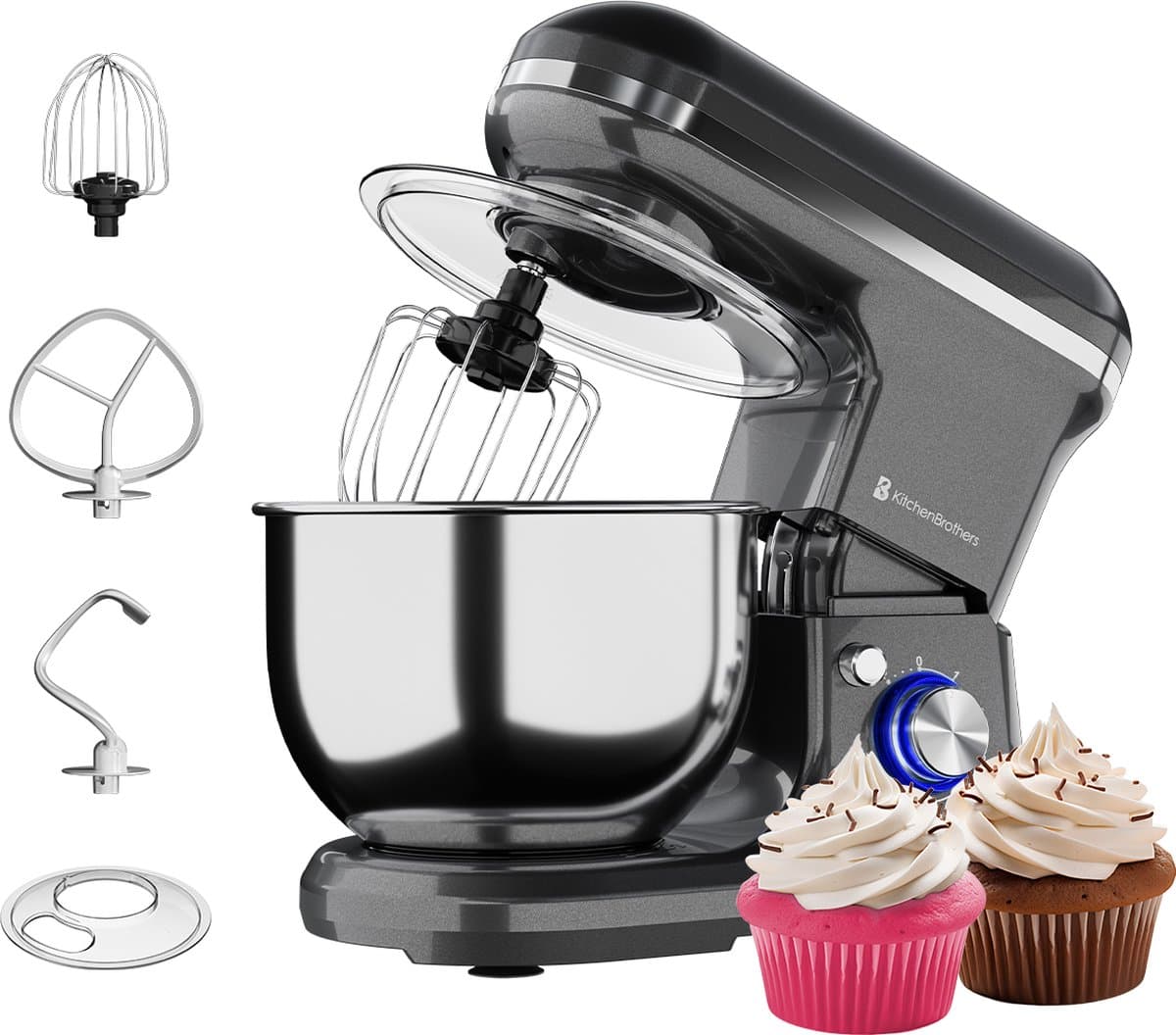 KitchenBrothers 1200W Keukenmachine - Keukenrobot - 5L - Mixer met Mengkom - BPA-vrij Keukenmixer - Antraciet — afbeelding 1