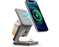 NexGen 3 in 1 Draadloze Oplader - 15W Snellader - Geschikt voor MagSafe - Opvouwbaar Oplaadstation - Wireless Charger - Grijs