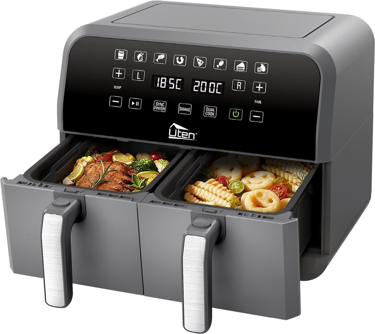 Uten Dubbele Airfryer - Hetelucht friteuse - Airfryer XXL - 2 x 4 liter - 8 Programma's - Dual cook functie - 4 Accesoires - 40 tot 200°C - 1700 watt - Grijs zwart — afbeelding 1
