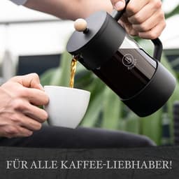 French Press Koffiezetapparaat van borosilicaatglas zwart met bamboe-elementen - inclusief cliplepel van roestvrij staal, reinigingsborstel en 2 reservefilters - voor 6 kopjes 1 liter — thumbnail 4