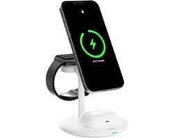 Chéroy PowerTrio 3-in-1 Draadloze Oplader - 15W Qi Oplaadstation - Geschikt voor MagSafe, Apple Watch - Smartphone & Oortjes - Wit