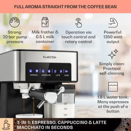 Klarstein Koffiemachine Espresso Pistonmachine met Melkopschuimer, 1,8 L Mini Espressomachine met Piston, 20 Bar RVS Compact, Melkreservoir, 1350 W Koffiemachine voor Gemalen Koffie - Stoompijpje Touch LED - Coffee Machine — thumbnail 5