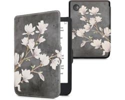 kwmobile e-reader hoesje geschikt voor Kobo Clara 2E hoes - E reader flip case met magnetische sluiting - Ereader cover - Magnolia design in taupe / wit / donkergrijs