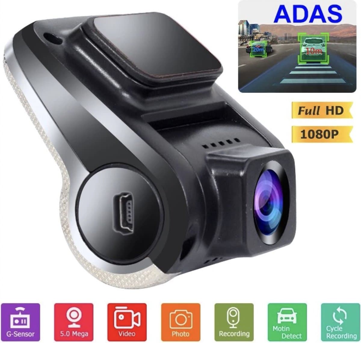 Dashcam voor auto - Dashboard camera - Voorcamera Auto - USB ADAS DVR - FULL HD 1080P — afbeelding 1