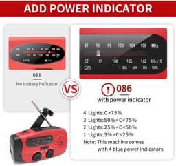 Draagbare noodradio - Powerbank 2000 mAh - Zaklamp - Solar opwindbaar - SOS alarm - USB kabel - Noodpakket - Kunststof - rood — thumbnail 5