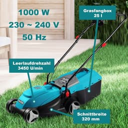 Elektrische Grasmaaier 1000W - 32 cm Snijbreedte - Opvangbak 25L - 3 Maaiveldhoogtes — thumbnail 2