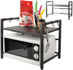 Verstelbaar Magnetronrek – Keukenschap van RVS – Zwart – Ruimtebesparend Keukenrek– magnetron rek – Keuken Magnetronkast met 6 Haken – voor Magnetrons, Airfryers, Oven – 36557 — thumbnail 2